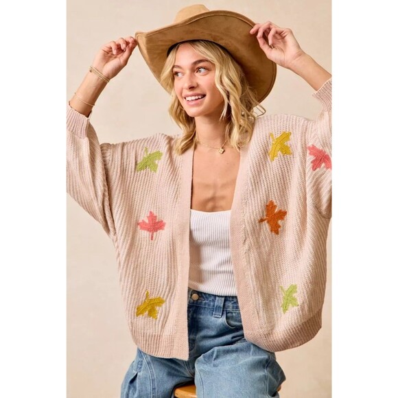 bibi Sweaters - BiBi Two Tone Knit Cardigan with Leaf Appliqués
